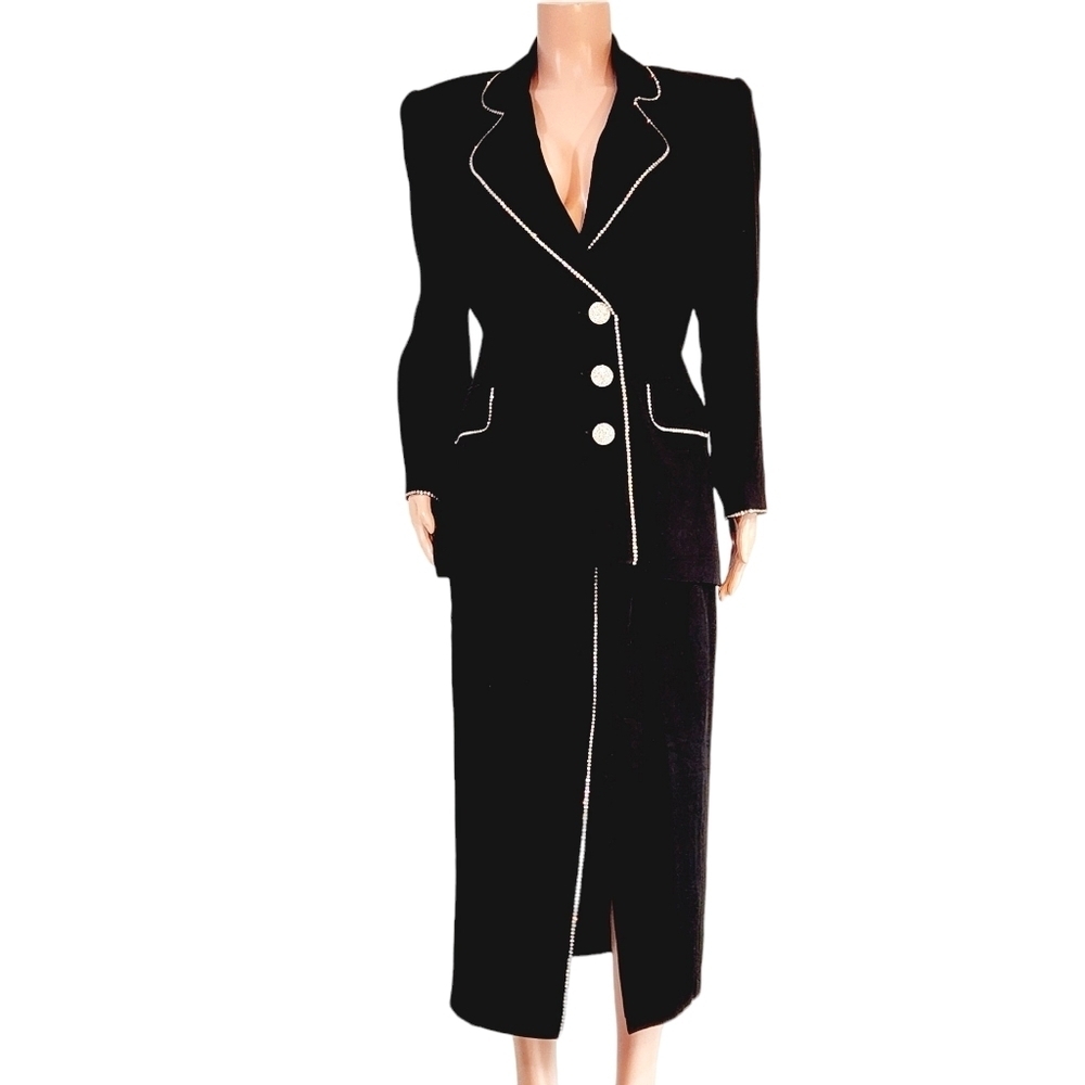 Cachè by Solini 1980'S Black Diamonte Blazer And Skirt Two Piece Sz 10